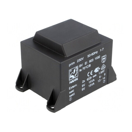 Transformator încapsulat 30VA 230VAC 9V 9V PCB | Electronic-mag.ro | Componente Electronice