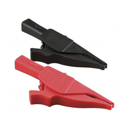 Bornă crocodil 6A neagră/roşie 40mm | Electronic-mag.ro | Componente Electronice