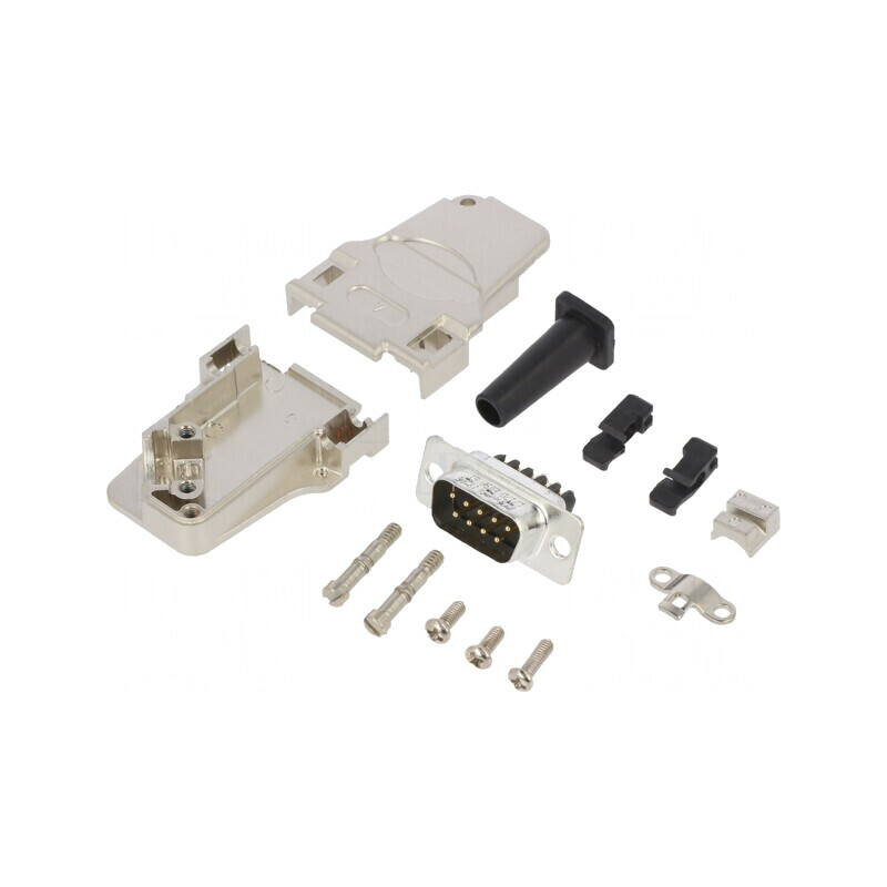 Conector D-Sub 9 pini tată în unghi 45° cu terminal șurub pe cablu | Electronic-mag.ro | Componente Electronice