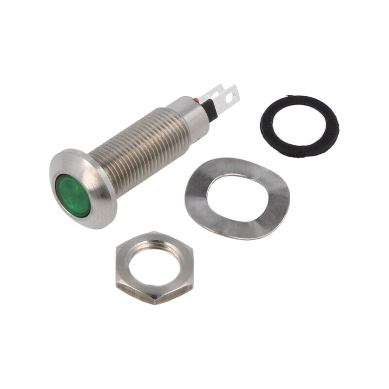 Lampă LED verde plată 3,2VDC IP67 Ø8,1mm | Electronic-mag.ro | Componente Electronice