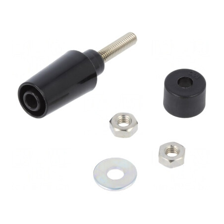Soclu banană 4mm 32A neagră pe panou 45mm alamă | Electronic-mag.ro | Componente Electronice