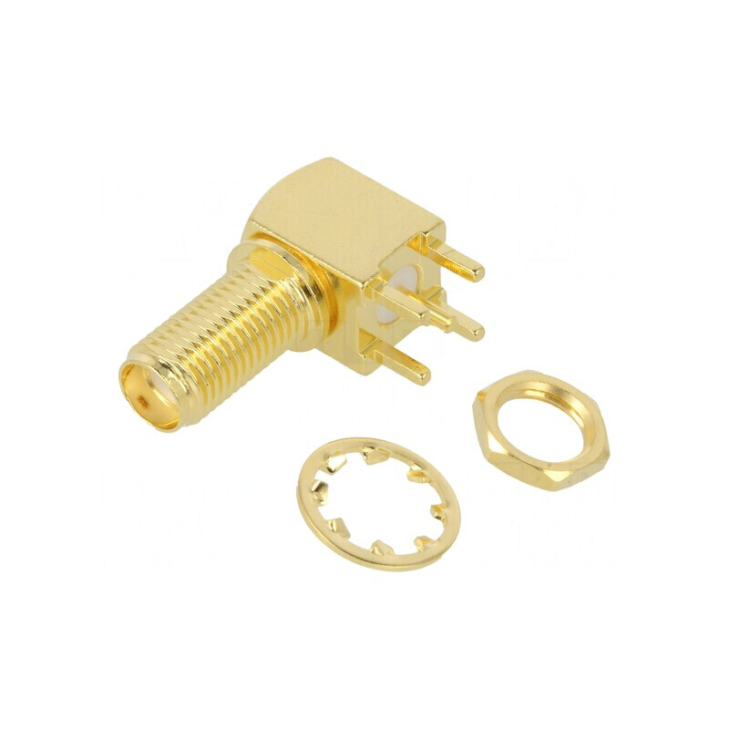 Soclu SMA mamă unghi 90° 50Ω THT aurit alamă | Electronic-mag.ro | Componente Electronice
