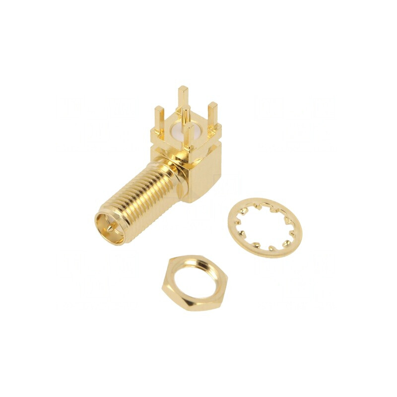 Soclu RP-SMA Tată Reverse Filet Lung 90° 50Ω THT | Electronic-mag.ro | Componente Electronice