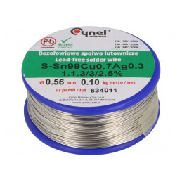 Sârmă de lipit fără plumb 100g 560um Sn99Ag0,3Cu0,7 | Electronic-mag.ro | Componente Electronice