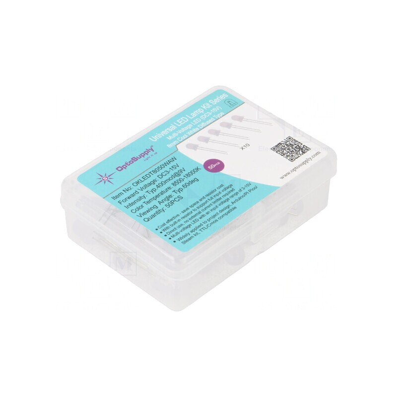 Set LED THT 8mm 50buc Alb Rece 3-15V Plastic 7.5mA | Electronic-mag.ro | Componente Electronice