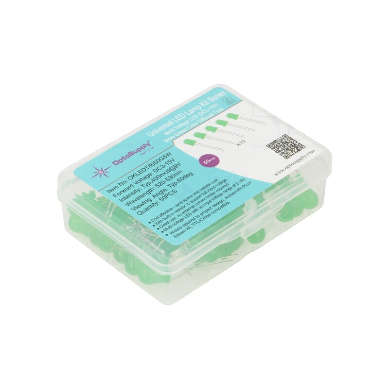 Set LED THT 8mm Verde 50buc 3-15V 7.5mA în Cutie Plastic | Electronic-mag.ro | Componente Electronice