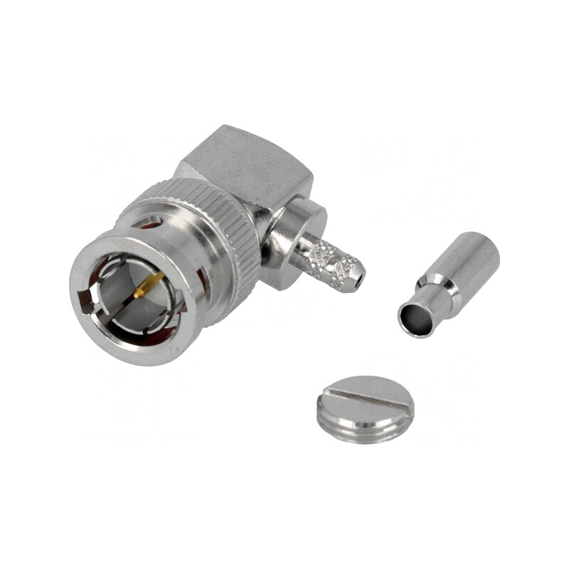 Mufă BNC tată unghi 90° 75Ω crimpat POM aurit | Electronic-mag.ro | Componente Electronice