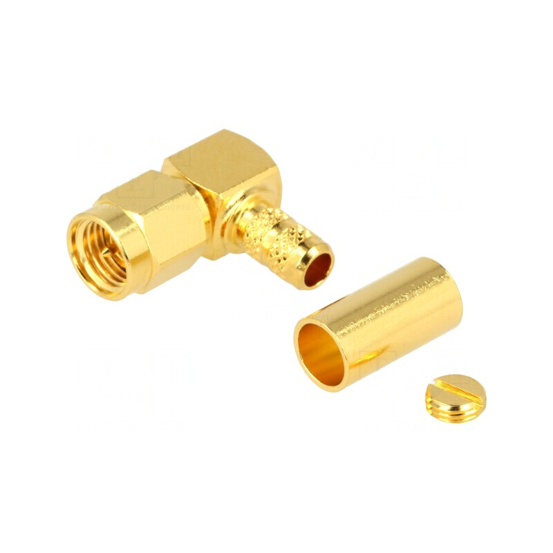 Mufă SMA tată unghi 90° 50Ω crimpat PTFE aurit | Electronic-mag.ro | Componente Electronice