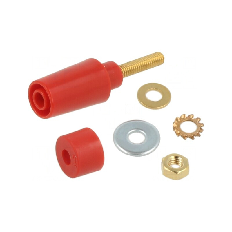 Soclu banană 4mm 32A 1kV roşie aurită izolată | Electronic-mag.ro | Componente Electronice