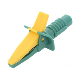 Bornă crocodil 10A galben-verde 25mm soclu 4mm | Electronic-mag.ro | Componente Electronice
