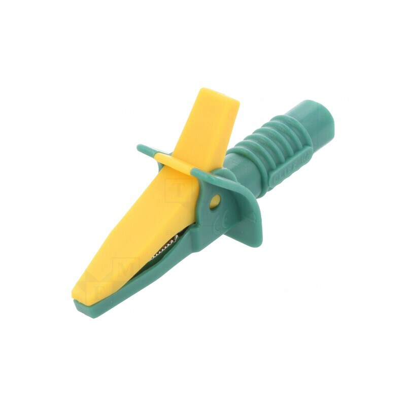 Bornă crocodil 10A galben-verde 25mm soclu 4mm | Electronic-mag.ro | Componente Electronice