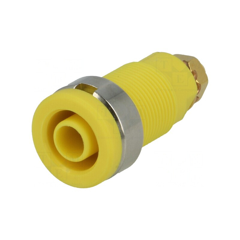Soclu banană 4mm 32A galben aurit pe panou 32mm | Electronic-mag.ro | Componente Electronice