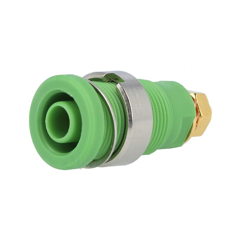 Soclu banană verde aurit 4mm 32A pe panou | Electronic-mag.ro | Componente Electronice