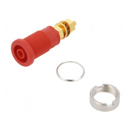 Soclu Banană 4mm 32A 1kVDC Roșu Aurit 39mm | Electronic-mag.ro | Componente Electronice