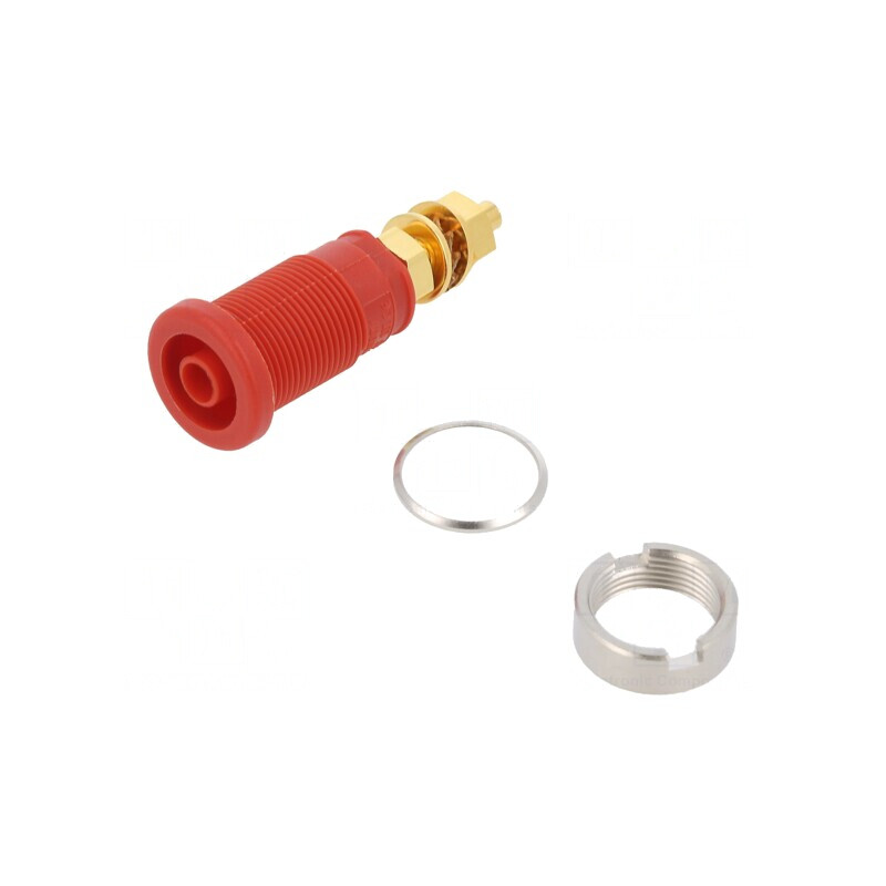 Soclu Banană 4mm 32A 1kVDC Roșu Aurit 39mm | Electronic-mag.ro | Componente Electronice