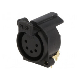 Soclu XLR mamă 5 pini unghi 90° cu buton negru THT 5A | Electronic-mag.ro | Componente Electronice