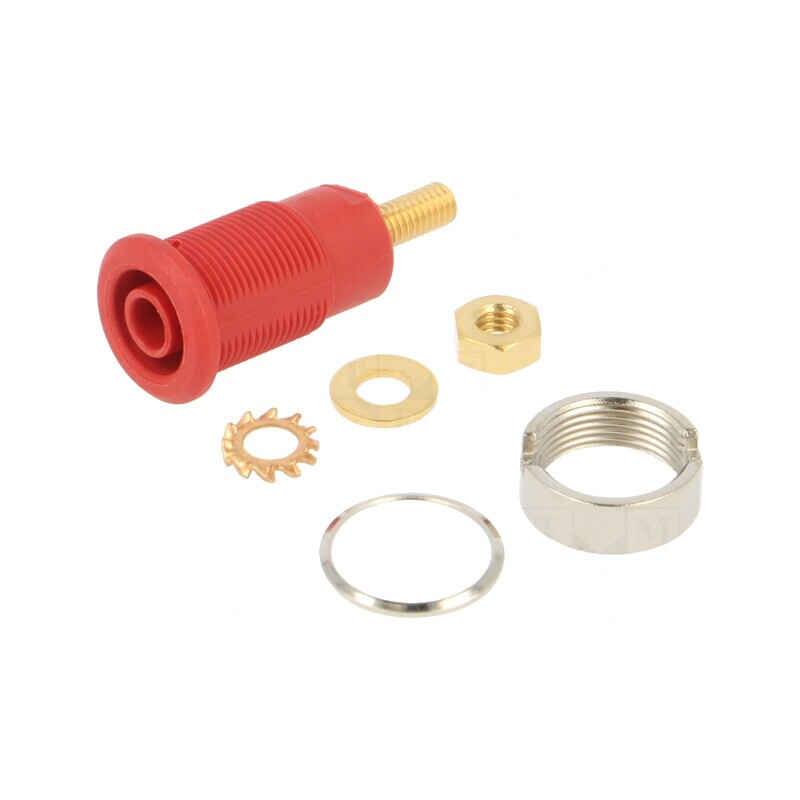 Soclu banană 4mm 32A roșu aurit 33mm | Electronic-mag.ro | Componente Electronice