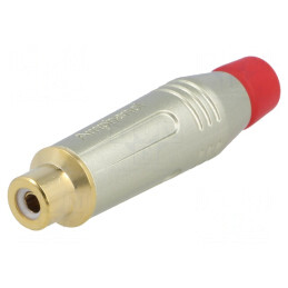 Mufă; RCA; mamă; drept; lipire; gri; aurit; pe cablu; Etichetă: roşu