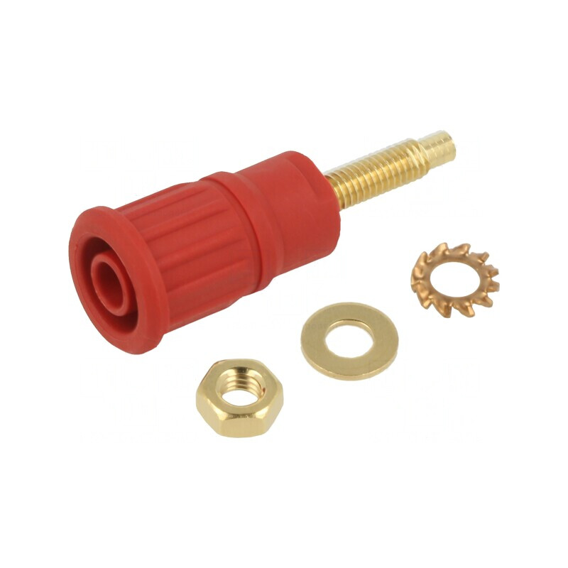Soclu Banană 4mm 32A 1kV Roșu Aurit cu Izolație | Electronic-mag.ro | Componente Electronice