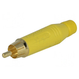 Mufă; RCA; tată; drept; lipire; galben; aurit; pe cablu; 3÷7mm