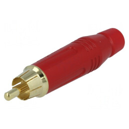 Mufă; RCA; tată; drept; lipire; roşu; aurit; pe cablu; Etichetă: roşu