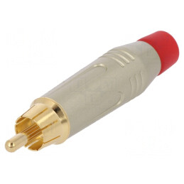 Mufă; RCA; tată; drept; lipire; gri; aurit; pe cablu; Etichetă: roşu