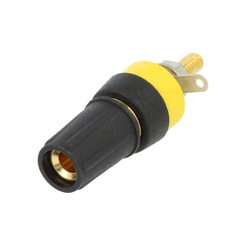 Soclu banană negru aurit 4mm 15A 250VDC pe panou | Electronic-mag.ro | Componente Electronice
