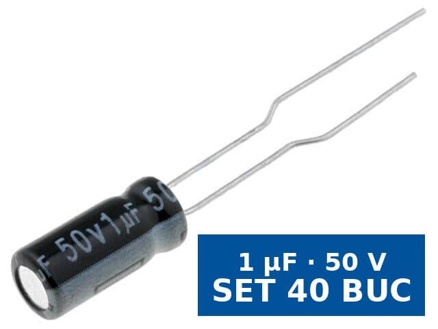 Condensator electrolitic THT Aishi EWH1HM010D11X25T, 1 µF, 50 V, Ø5x11 mm, raster 2,5 mm, set 40 buc