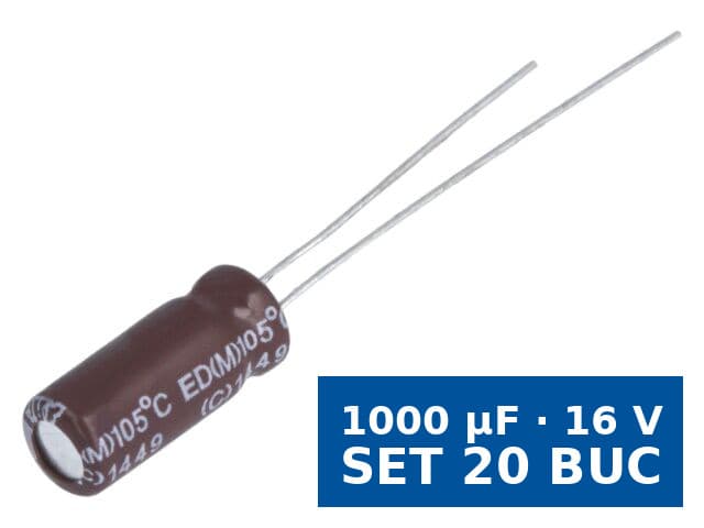 Condensator electrolitic low ESR THT Elite ED1C102MNN1020, 1000 µF, 16 V, Ø10x20 mm, 105°C, set 20 buc