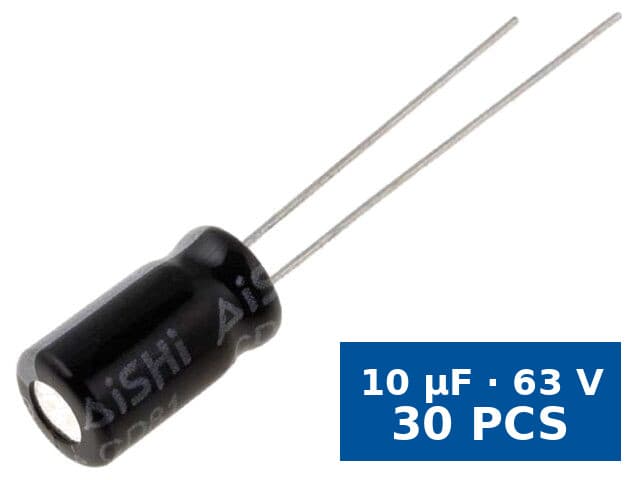 Condensator electrolitic THT Aishi EWH1JM100E11OT, 10 µF, 63 V, Ø6,3x11 mm, 105°C, set 30 buc