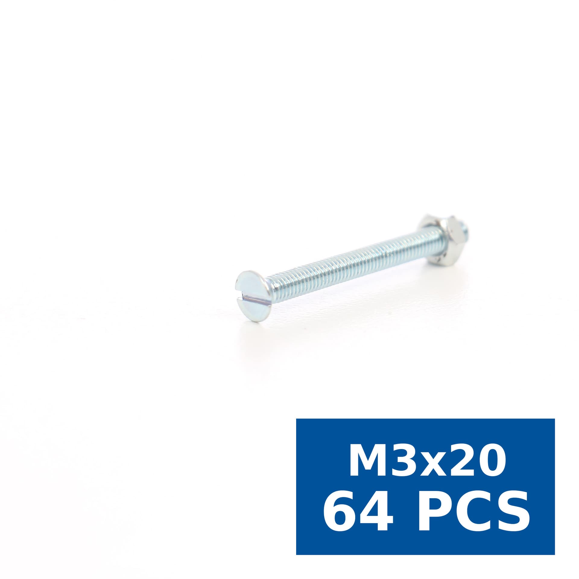 Surub cu cap inecat crestat, cu piulita, otel, zincat alb, M3 x 20 mm, Easy-Fix, set 64 buc